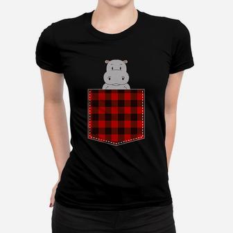 Red Plaid Hippopotamus In Pocket Buffalo Family Pajama Hippo Women T-shirt | Crazezy