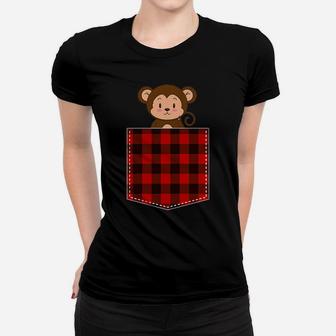 Red Plaid Monkey In Pocket Buffalo Family Pajama Christmas Women T-shirt | Crazezy