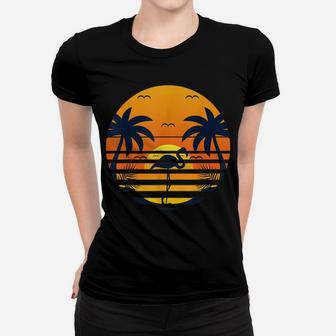 Retro Beach Sunset Palm Trees Flamingo Tropical Summer Women T-shirt | Crazezy AU