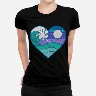 Retro Heart Design Nighttime Beach & Surf Graphic Women T-shirt | Crazezy CA