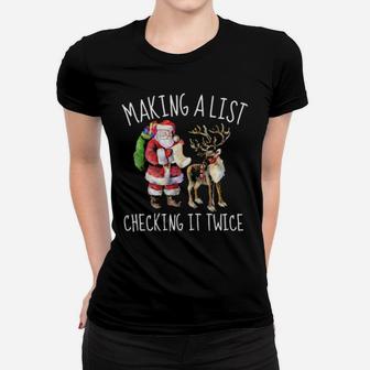 Santa Claus & Reindeer With Santa Making A List Cute Women T-shirt - Monsterry