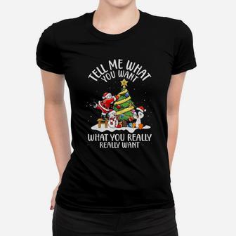 Santa Claus And Snowman Penguin Tell Me Women T-shirt - Monsterry