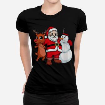 Santa Claus Hugging Snowman And Reindeer Women T-shirt - Monsterry