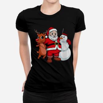 Santa Claus Hugging Snowman And Reindeer Women T-shirt - Monsterry