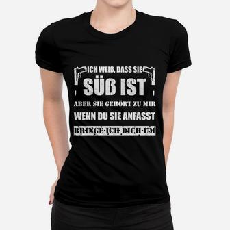 Schwarzes Frauen Tshirt Ich weiß, dass sie süß ist in Weißer Schrift, Lustiges Spruch-Frauen Tshirt - Seseable