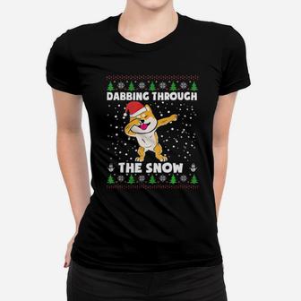 Shiba Inu Dabbing Through The Snow Ugly Xmas Gift Women T-shirt - Monsterry
