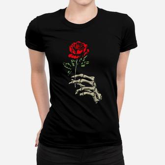 Skeleton Hand With Red Flower Roses Women T-shirt | Crazezy