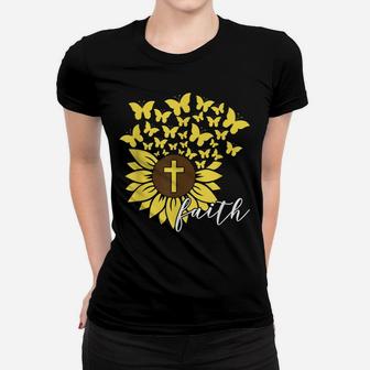 Sunflower Faith Cross Butterflies Christian Religious Flower Women T-shirt | Crazezy