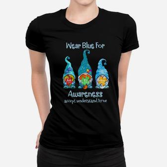 Three Blue Gnomes Autism Awareness Puzzle Chemical Element Women T-shirt | Crazezy