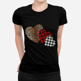 Three Hearts Leopard Plaid Girls Valentine's Day Girl Kids Women T-shirt | Crazezy