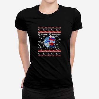 Ugly Christmas Tee mit Weihnachtspullover-Design & Weltkarte, Schwarzes Frauen Tshirt - Seseable