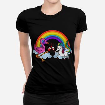 Unicorn And Flamingo Bird Funny Rainbow Wine Party Women T-shirt - Thegiftio UK