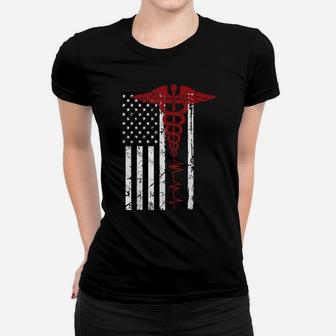Usa Flag Medical Symbol Black Patriotic Caduceus Nurse Gift Women T-shirt | Crazezy UK