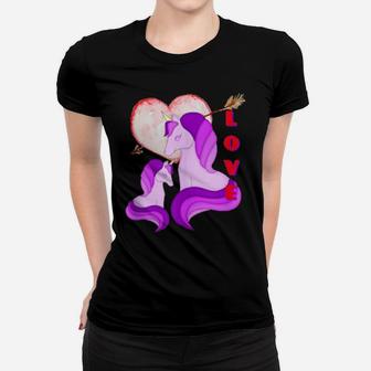Valentine Unicorn Rainbow Heart Cute Valentine's Day Women T-shirt - Monsterry