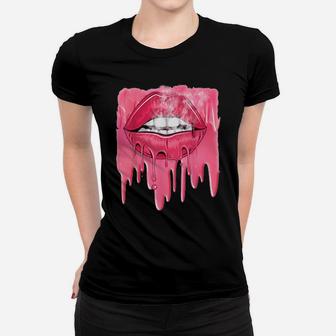 Valentines Pink Dripping Melting Lips Women T-shirt - Monsterry