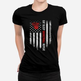 Vintage American Flag Eat Sleep Basketball Repeat Distressed Women T-shirt - Monsterry