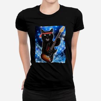 Vintage Black Cat Lover Retro Style Cats Gift Guitar Women T-shirt | Crazezy