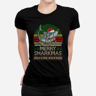 Vintage Merry Sharkmas Ugly Christmas Tee Funny Santa Hat Women T-shirt | Crazezy DE