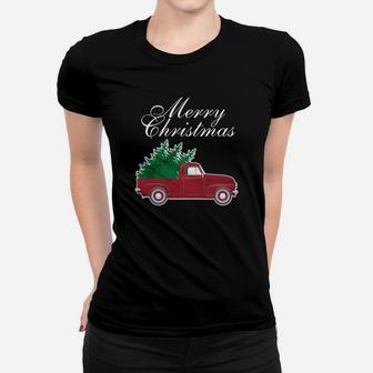 Vintage Red Truck Merry Christmas Tree Pajamas Pj Sweatshirt Women T-shirt | Crazezy