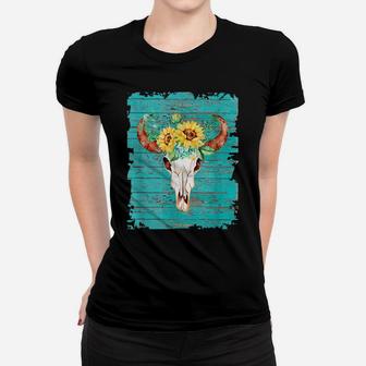 Vintage Sunflower Cow Skull Blue For Cowgirl Country Girl Women T-shirt | Crazezy UK