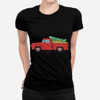Vintage Wagon Christmas Tree Red Retro Farmer Truck Vacation Women T-shirt | Crazezy