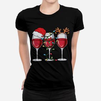 Wine Christmas Lights Xmas Women Santa Hat Reindeer Antlers Sweatshirt Women T-shirt | Crazezy AU