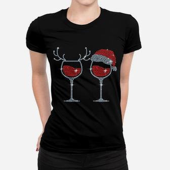 Wine Glass Santa Hat Reindeer Funny Drinking Team Christmas Women T-shirt | Crazezy UK