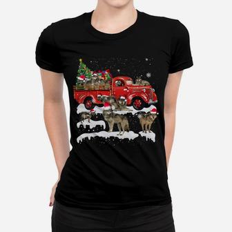 Wolf Riding Red Truck Merry Christmas X-Mas Ugly Gift Women T-shirt | Crazezy UK