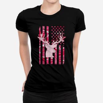 Women's Camo Whitetail Buck Deer Pink Camouflage Usa Flag Women T-shirt | Crazezy