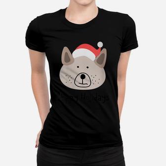Womens Cute Hand-Drawn Dog Holiday Puppy With Funny Santa Hat Women T-shirt | Crazezy