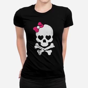 Womens Cute Skull And Cross Bone Pink Bow Tie Women Girls Adorable Women T-shirt | Crazezy
