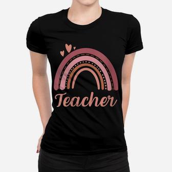 Womens Teacher Vintage Boho Rainbow Teacher Love Hearts Women T-shirt | Crazezy AU