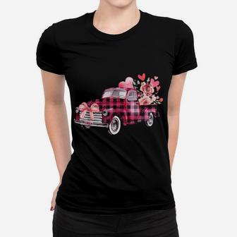 Xoxo Pink Plaid Truck Flowers Valentine's Day Women T-shirt - Monsterry CA