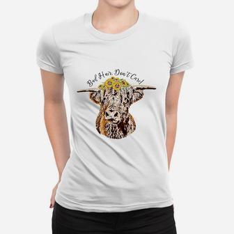 Bad Hair Dont Care Funny Scottish Highland Cow Women T-shirt | Crazezy