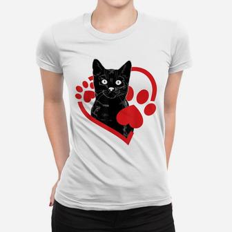Black Cat Heart Footprint Animal Happy Valentine's Day Gifts Women T-shirt | Crazezy UK