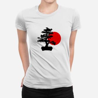Bonsai-Baum und Sonnenaufgang Design Unisex Frauen Tshirt, Japanische Kunst Tee - Seseable