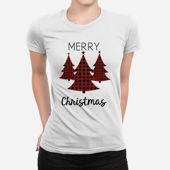 Buffalo Plaid Merry Christmas Tree Matching Family Xmas Tee Women T-shirt | Crazezy UK