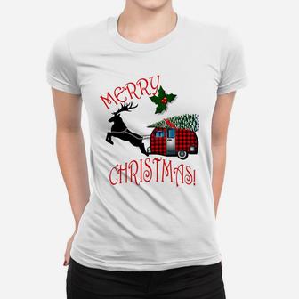 Christmas Gift Plaid Camper & Reindeer Funny Retro Xmas Ugly Sweatshirt Women T-shirt | Crazezy UK