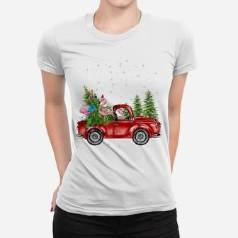 Christmas Three Flamingo Ride Red Truck Xmas Santa Hat Women T-shirt | Crazezy