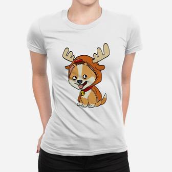 Corgi Puppy Dog Dressed As Reindeer Dogs Xmas Sweatshirt Women T-shirt | Crazezy