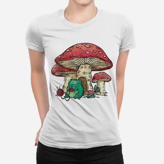 Cottagecore Aesthetic Frog Knitting Near The Mushroom House Women T-shirt | Crazezy