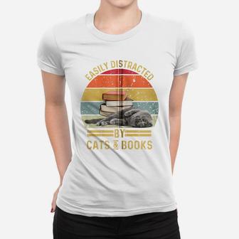 Easily Distracted By Cats And Books Funny Cat And Book Lover Zip Hoodie Women T-shirt | Crazezy UK