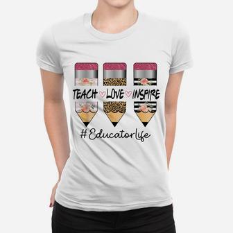 Educator Life Teach Inspire Love Three Crayon Leopard Flower Women T-shirt | Crazezy DE