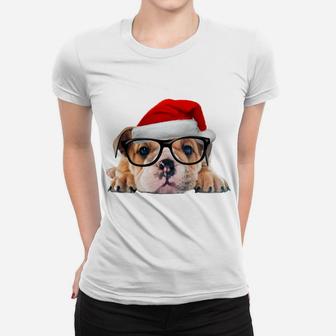 English Bulldog Puppy Glasses Dog Santa Hat Christmas Gift Sweatshirt Women T-shirt | Crazezy