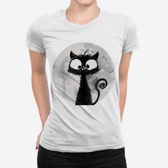 Full Moon Cat | Cute Cat In Front Of Moon | Black Cat Women T-shirt | Crazezy