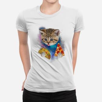 Funny Galaxy Cat Shirt | Space Cat Eat Pizza And Taco Shirt Women T-shirt | Crazezy