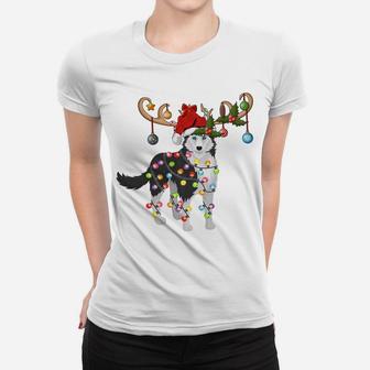 Funny Lighting Santa Hat Reindeer Siberian Husky Christmas Sweatshirt Women T-shirt | Crazezy DE