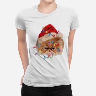Funny Xmas Persian Cat Christmas Lights Adorable Face Fluffy Women T-shirt | Crazezy