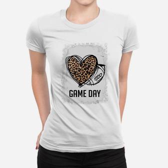 Game Day With Leopard Heart Football Lovers Mom Bleached Women T-shirt | Crazezy CA