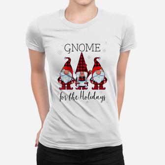 Gnome For The Holidays Buffalo Plaid 3 Gnomes Christmas Xmas Raglan Baseball Tee Women T-shirt | Crazezy CA